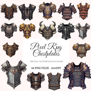 Lot de cliparts plastrons pixel RPG – Éléments du jeu, Armure fantastique, Sprites pixel, équipement RPG, Illustrations de jeu rétro, Compatible avec les POD (98 images)