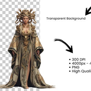 May include: A digital illustration of a woman in a gold and olive green gown, adorned with a Medusa-inspired headdress. The gown features intricate gold detailing and a flowing design, set against a transparent background.