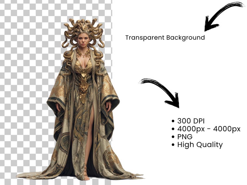 May include: A digital illustration of a woman in a gold and olive green gown, adorned with a Medusa-inspired headdress. The gown features intricate gold detailing and a flowing design, set against a transparent background.