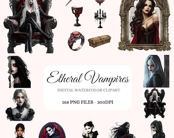 Bundle de cliparts aquarelle vampire éthéré – 168 images PNG gothiques (téléchargement numérique)