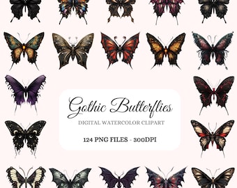 Gothic Butterfly Watercolor Clipart Bundle – Dark PNG Graphics (Digital Download)