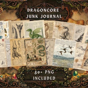 May include: A selection of vintage papers featuring dragon illustrations and anatomical drawings. The text reads "DRAGONCORE JUNK JOURNAL" and "50+ PNG INCLUDED". The colour scheme includes beige, brown, green, and blue.