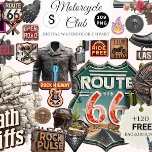 May include: Digital watercolor clipart featuring motorcycle club themed elements. Includes a leather jacket, Route 66 sign, skull, guitar, and various other vintage-style graphics. The text "Motorcycle Club" is displayed at the top.