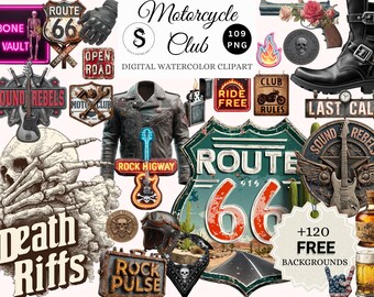 May include: Digital watercolour clipart with a motorcycle club theme. The image includes a leather jacket, Route 66 sign, skull, guitar, and other vintage graphics. The words "Motorcycle Club" are displayed at the top of the image.