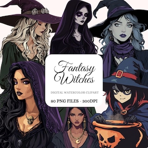 Witches Watercolor Dark Fantasy Clipart Bundle – Gothic Witch PNG, Dark Fantasy Clipart, POD Friendly (80 Images)