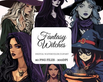 Akvarellhäxor Clipart-paket – Dark Fantasy Gothic PNG (80 bilder)