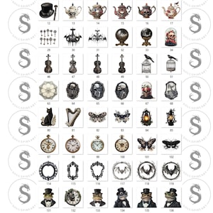 May include: A collection of 136 digital clipart images featuring various gothic and Victorian-inspired designs. The images include a variety of objects, such as teapots, clocks, musical instruments, and animal figures. The images are all in black and white and have a vintage aesthetic.