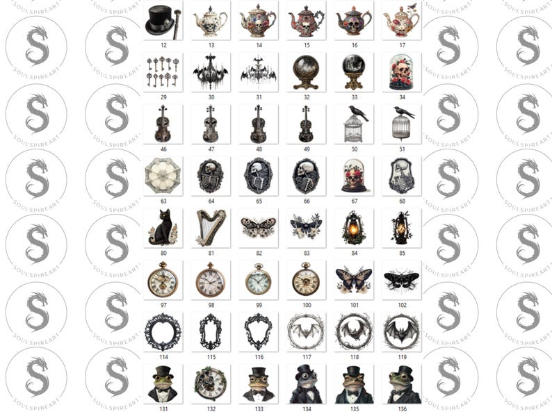 May include: A collection of 136 digital clipart images featuring various gothic and Victorian-inspired designs. The images include a variety of objects, such as teapots, clocks, musical instruments, and animal figures. The images are all in black and white and have a vintage aesthetic.