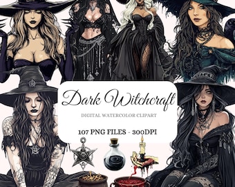 Häxkonst Akvarell Clipart Set – 107 Mystiska PNG-bilder (digital nedladdning)