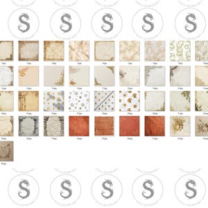 May include: A collection of digital scrapbook paper designs with vintage and antique themes. The designs include various textures, patterns, and illustrations, such as architectural elements, floral arrangements, and abstract textures. The color palette is primarily composed of warm, earthy tones.