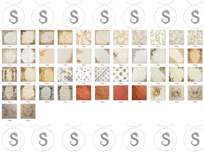 May include: A collection of digital scrapbook paper designs with vintage and antique themes. The designs include various textures, patterns, and illustrations, such as architectural elements, floral arrangements, and abstract textures. The color palette is primarily composed of warm, earthy tones.