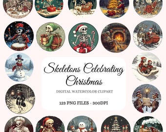 Gotische skeletten kerst clipartbundel – 123 png-feestafbeeldingen (digitale download)