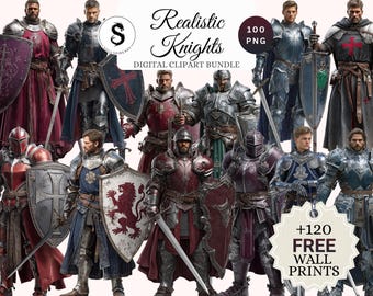 Paquete de imágenes prediseñadas de caballeros realistas / Guerreros medievales en formato PNG / Descarga digital