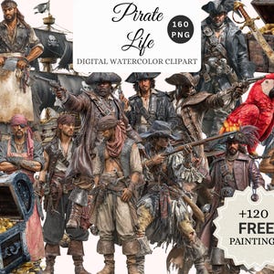 Peut inclure: Clipart numérique à l'aquarelle représentant un collage d'illustrations de pirates. L'image comprend des pirates avec des pistolets, des épées et un perroquet. Le texte comprend "Pirate Life" et "Digital Watercolor Clipart".