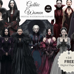 Gothic Elegant Women Clipart Bundle – Dark Victorian Lady PNG, Gothic Woman Watercolor Art, Black Dress Clipart + 34 Free Papers