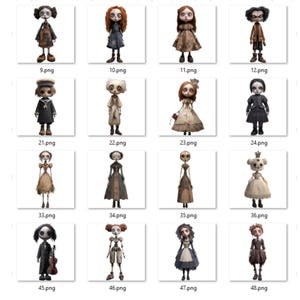 May include: A collection of digital art prints featuring stylized, gothic-inspired dolls. Each doll has unique clothing and hairstyles, with a muted color palette of browns, creams, and blacks. The images are labeled with numbers.