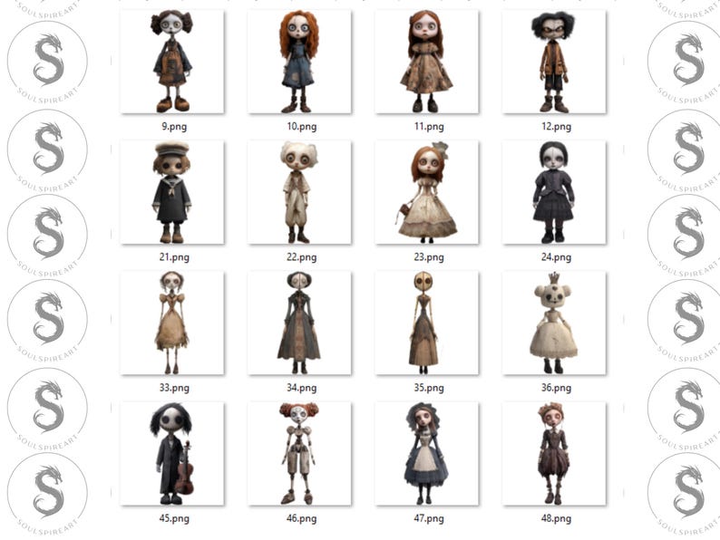 May include: A collection of digital art prints featuring stylized, gothic-inspired dolls. Each doll has unique clothing and hairstyles, with a muted color palette of browns, creams, and blacks. The images are labeled with numbers.