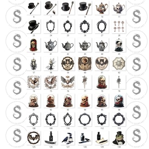 May include: A set of 130 digital clipart images featuring gothic and Victorian style illustrations. The images include skulls, teapots, candles, bats, and more.