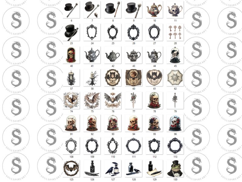 May include: A set of 130 digital clipart images featuring gothic and Victorian style illustrations. The images include skulls, teapots, candles, bats, and more.