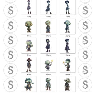 May include: A collection of digital illustrations of zombie characters in various poses and outfits. Each character has a unique design, with details like clothing, skin tone, and accessories. The images are labeled with numbers and the text "png".