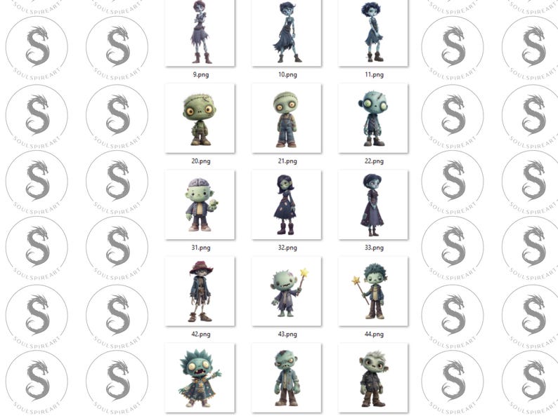 May include: A collection of digital illustrations of zombie characters in various poses and outfits. Each character has a unique design, with details like clothing, skin tone, and accessories. The images are labeled with numbers and the text "png".