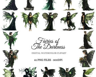 Dark Fairy Watercolor Clipart – Gothic Fantasy Graphics (Digital Download)