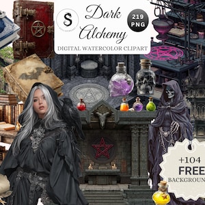May include: Digital watercolor clipart set titled "Dark Alchemy" featuring gothic imagery. Includes books, potion bottles, a hooded figure, and a woman with silver hair. The image has a dark, mystical theme with a pentagram.