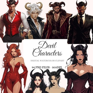 Devil Characters Clipart Bundle – 94 Handsome Demon Lords, Seductive She-Devils, Dark Fantasy Gothic Art PNG, Transparent Digital Download
