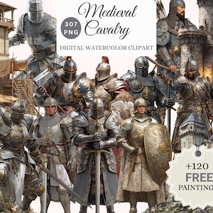 May include: Digital watercolor clipart featuring medieval cavalry soldiers in full armor, with swords, shields, and helmets. The image includes text that reads "Medieval Cavalry" and "Digital Watercolor Clipart". The image also includes a castle and a tower.