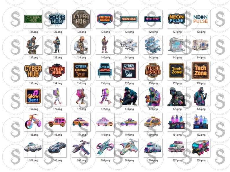 Cyberpunk City PNG Clipart Bundle, Neon Characters, Buildings (digital ...