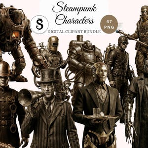 May include: Digital clipart bundle featuring various steampunk characters. The image showcases a collection of detailed illustrations, including robots, figures in Victorian-era attire, and mechanical designs. The characters are in shades of brown and bronze.