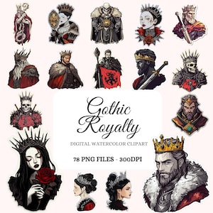 Puede incluir: Un conjunto de imágenes prediseñadas digitales en acuarela con personajes de la realeza gótica. El conjunto incluye reyes, reinas y otras figuras en diversas poses y expresiones. Los personajes se representan en un estilo oscuro y dramático, con detalles intrincados y colores ricos. El conjunto es perfecto para agregar un toque de elegancia gótica a tus diseños.