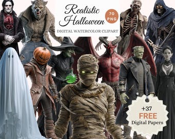 Könnte beinhalten: Eine digitale Aquarell-Clipart-Sammlung mit verschiedenen Halloween-Charakteren, darunter ein Vampir, ein Werwolf, ein Geist, eine Kürbiskopffigur, eine Hexe, eine Mumie, ein Teufel, Frankensteins Monster und ein Sensenmann. Das Bild enthält den Text "Realistic Halloween".