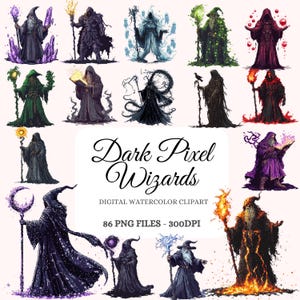 Dark Pixel Wizards Clipart Bundle – 86 Mystical Wizards PNG Graphics, Dark Fantasy Pixel Art, Transparent PNG, Instant Digital Download