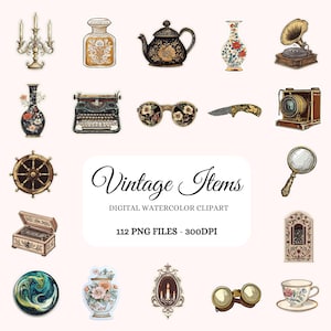 Vintage Items Watercolor Clipart Bundle – 112 Retro & Antique Illustrations, High-Resolution PNG, Vintage Object Stickers