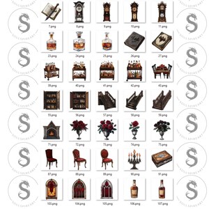 May include: A set of 17 digital illustrations featuring various gothic and Victorian-style objects, including books, clocks, furniture, and bottles. The illustrations are in a dark, moody style and would be perfect for use in digital scrapbooking, card making, or other creative projects.