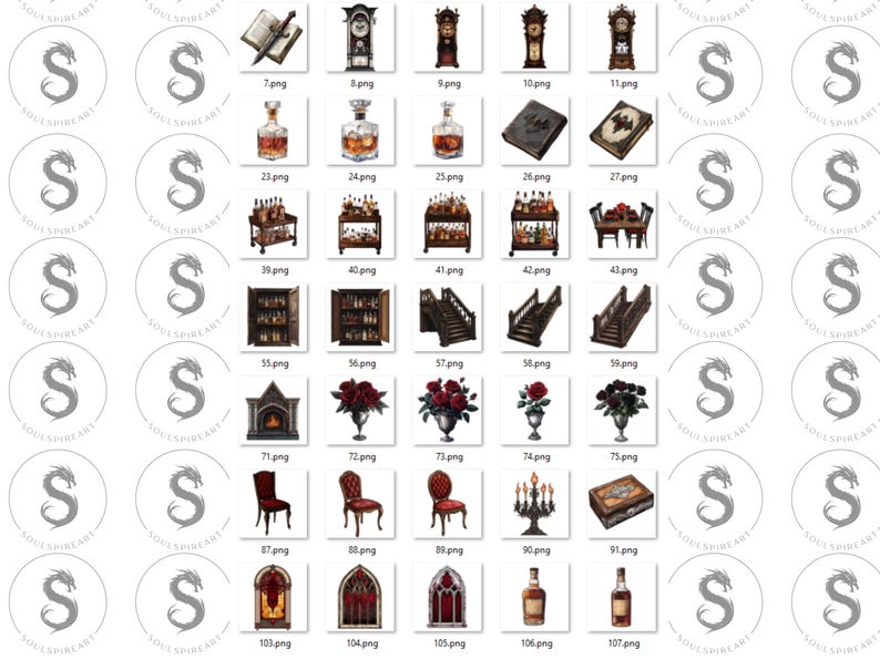May include: A set of 17 digital illustrations featuring various gothic and Victorian-style objects, including books, clocks, furniture, and bottles. The illustrations are in a dark, moody style and would be perfect for use in digital scrapbooking, card making, or other creative projects.
