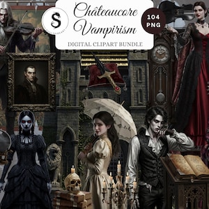 以下が含まれることがあります： 「Châteaucore Vampirism」と題されたデジタルクリップアートバンドル。ゴシックと吸血鬼をテーマにした様々なイラストが特徴です。肖像画、時代衣装の人物、骸骨、バイオリン奏者などが含まれています。カラーパレットは、赤と金のアクセントが施されたダークカラーです。