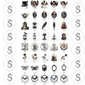 May include: A set of 124 black and white digital illustrations featuring various gothic and Victorian-inspired imagery, including skulls, butterflies, birds, and more.