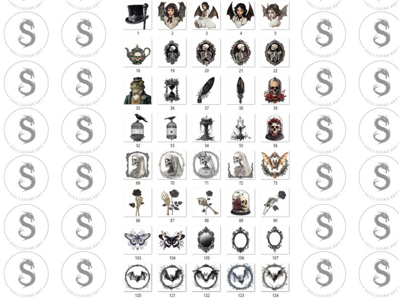 May include: A set of 124 black and white digital illustrations featuring various gothic and Victorian-inspired imagery, including skulls, butterflies, birds, and more.