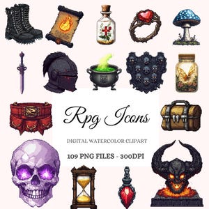 Paquete de imágenes prediseñadas de iconos de RPG de píxeles: recursos del juego, PNG de pociones, elementos de inventario de píxeles, sprites de 16 bits, iconos de elementos de DnD, compatibles con POD (109 imágenes)