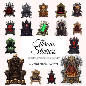 Throne Stickers Clipart Bundle – 129 PNGs of Gothic, Royal & Fantasy Thrones, Dark Regal Chairs, Ornate Seats – Instant Digital Download