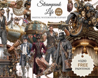Steampunk Life Watercolor Clipart Bundle – 276 PNGs + 120 Free Bonus Oil Paintings,  Steampunk Characters, Vehicles, Buildings, Animals