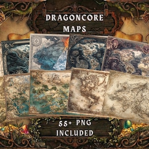 May include: A collection of fantasy-themed maps with a Dragoncore aesthetic. The maps feature detailed illustrations in various colors, including blue, brown, and green. The text "DRAGONCORE MAPS" and "55+ PNG INCLUDED" are visible.