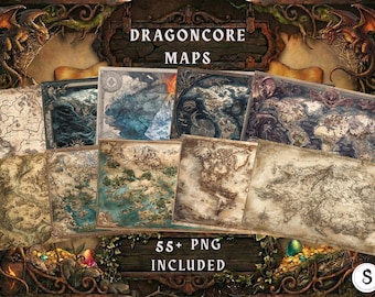 May include: A collection of fantasy-themed maps with a Dragoncore aesthetic. The maps feature detailed illustrations in various colors, including blue, brown, and green. The text "DRAGONCORE MAPS" and "55+ PNG INCLUDED" are visible.