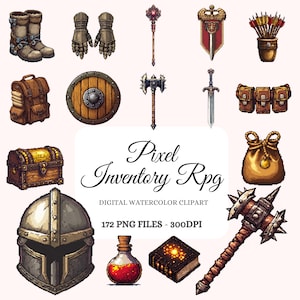 Bundle de cliparts d'objets d'inventaire RPG pixel : éléments du jeu, icônes pixel art, objets fantastiques, objets RPG médiévaux, POD Friendly (172 images)