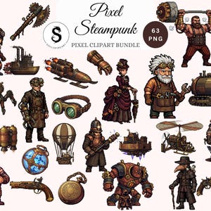 May include: Pixel steampunk clipart bundle featuring various characters and objects in a pixelated style. Includes a variety of characters, airships, weapons, and accessories. The image has the text "Pixel Steampunk" and "63 PNG".