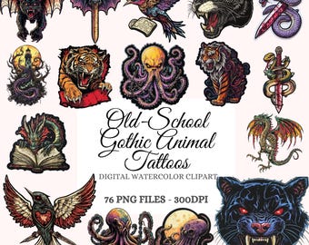 Gothic Animal Tattoo Clipart Bundle – Old School Style (PNG)