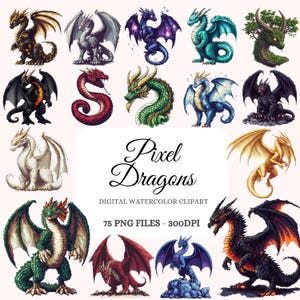 Paquete de imágenes prediseñadas de dragones de píxeles: 75 gráficos únicos de dragones de píxeles: criaturas de fantasía de juegos retro PNG: descarga digital instantánea