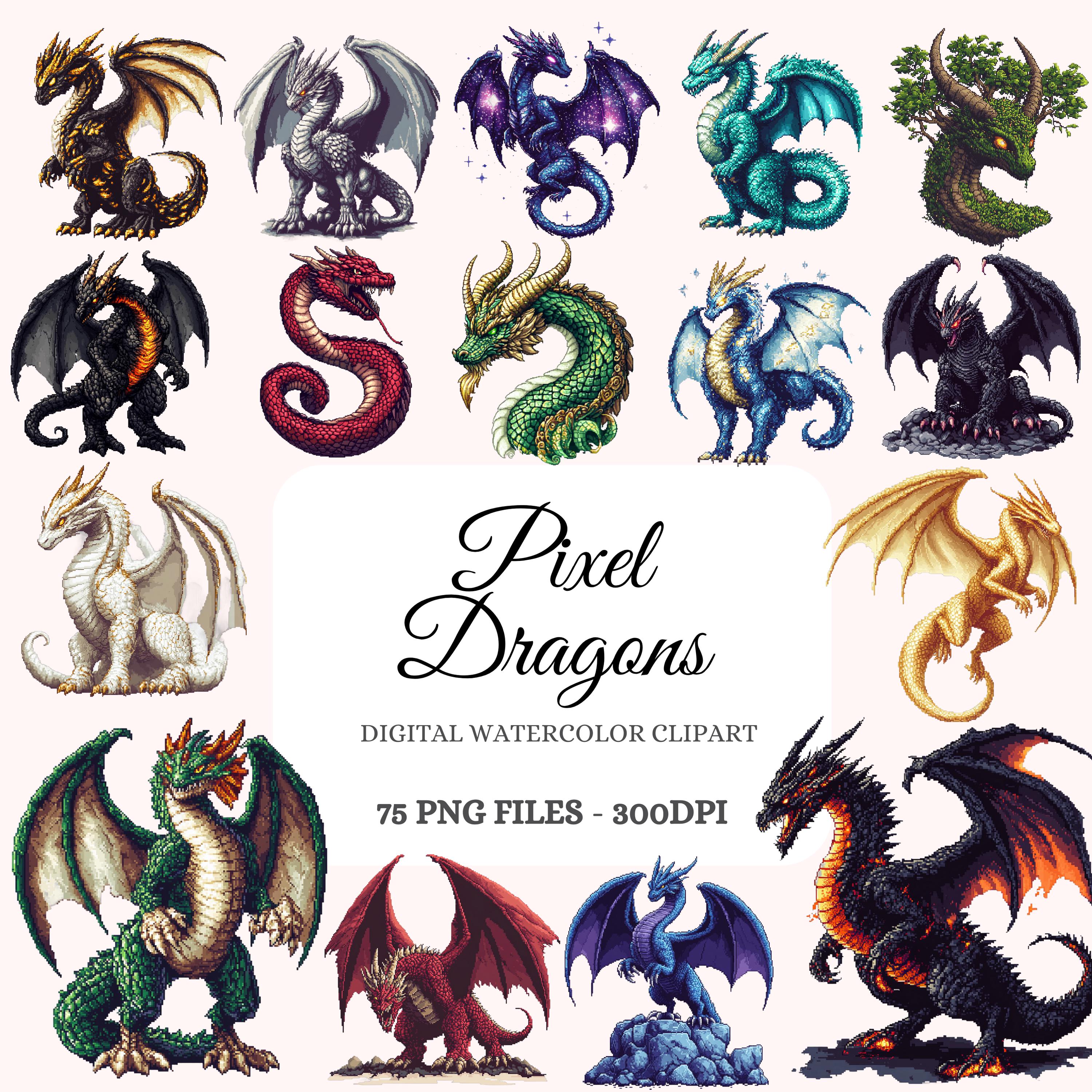 Pixel Dragons Clipart Bundle – Retro Gaming PNG Graphics (digital ...